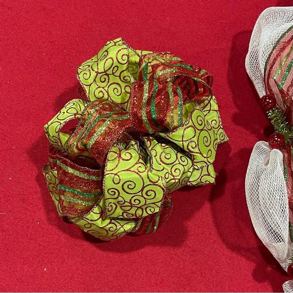 Handmade Christmas Deco Mesh Wreath with Lime Green Swirl Ribbon and Red Berries